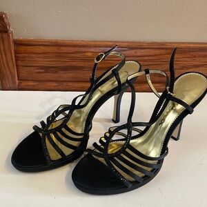 NINA satin Black heel Sandals / strappy  /  black rhinestones accents size 9M